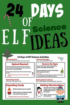 an elf themed poster with the words 24 days of science elt ideas on it