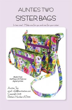 two bags with flowers on the front and side, both in different colors are shown