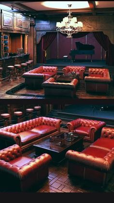 two pictures of red leather couches in a bar