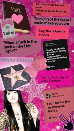 a collage of photos with pink and black text, including an image of a woman holding