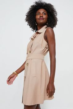 The classic trench takes on a new meaning in the Khaki Mila Dress. Featuring a notched lapel collar, double breasted button closure, and side seam pockets, this mini is an easy throw and go style this season. Perfect for the transitional weather ahead, pair with a cross body and flats for a Sunday brunch or with a blazer and sling backs for a work to dinner look. Notched lapel collar Sleeveless Double breasted button closure Adjustable belt with buckle closure (included) Side seam pockets Back v Milla Dress, Mila Dress, Belt With Buckle, Olympia Le Tan, Polo Tees, Plus And Minus, Cocktail Attire, Sunday Brunch, Shopping Day