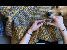 a woman is knitting on the couch with her dog