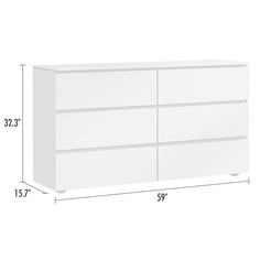 a white dresser with measurements for the drawers