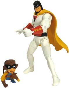 the action figure is being displayed next to another character in an action pose with his arms outstretched