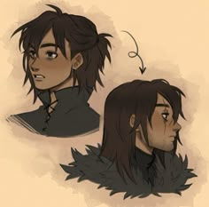 two drawings of the same person, one with brown hair and another with black hair