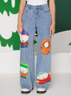 Keep warm in your favorite small town in these South Park pants! These denim jeans have a wide leg fit and feature Cartman  Stan  Kyle and Kenny printed down the legs. Comes with classic 5-pocket styling.98% cotton; 2% otherWash cold; dry lowImportedListed in junior sizes Kyle And Kenny, Wide Leg Denim Pants, South Park Characters, Cartoon Tv, Wide Leg Denim, Small Town, South Park, Hot Topic, Keep Warm