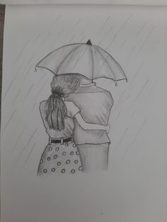 a drawing of two people hugging under an umbrella