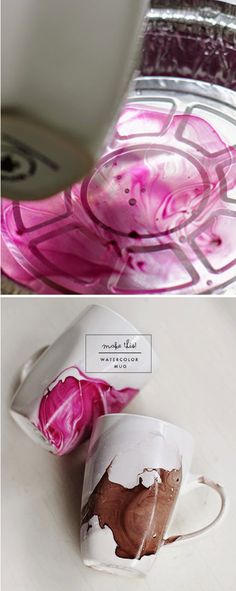 two pictures of pink and white marbles on a counter top, one in the process of being melted