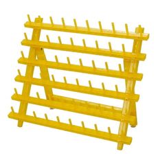 a yellow rack with three rows of shelves