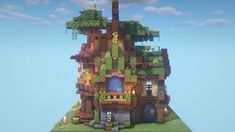 a house made out of different types of trees and plants on top of a small island