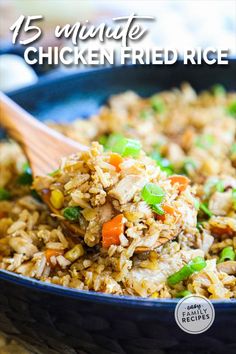 chicken fried rice in a blue bowl with a wooden spoon and text overlay that reads 15 minute chicken fried rice