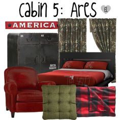 a bedroom with red and black furniture, plaid bedding, green throw pillows, and an arm chair