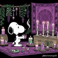 a cartoon snoopy holding a candle in front of a table with candles on it