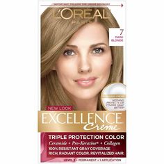 L'Oreal Paris Excellence Creme Permanent Hair Color, 7 Dark Blonde, 100 percent Gray Coverage Hair Dye, Pack of 1 Gray Coverage Hair Color With Triple Protection: No hair color cares more than Excellence Crème; With our triple protection system that seals, replenishes and conditions, plus 100 percent gray coverage even on stubborn grays. Excellence In Hair Protection: Our weekly conditioning treatment with collagen helps protect hair until your next appointment for long lasting rich color; For 1 Paris Dark, Beige Blond, Caring For Colored Hair, Grey Hair Coverage, Dark Blonde Hair Color, At Home Hair Color, Temporary Hair Color, Beige Blonde, Gray Coverage