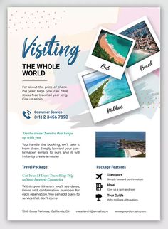 a flyer for a travel company with photos on it and the words, visiting the whole world