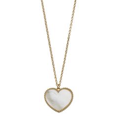 Fall in love with the stylish simplicity of this mother-of-pearl heart pendant necklace. Fall in love with the stylish simplicity of this mother-of-pearl heart pendant necklace. Chain length: 18" Chain type: cable Clasp: lobster-claw Metal: 14k gold Finish: polished Packaging: boxed Gender: female. Age Group: adult. Elegant White Heart Cut Necklace, Elegant White Heart Pendant Necklace, Elegant White Heart Necklace, Elegant White Open Heart Necklace, Luxury White Necklace For Valentine's Day, Classic White Heart Pendant Necklace, White Open Heart Necklace For Formal Occasions, Elegant Heart-shaped Mother Of Pearl Jewelry, Elegant Mother Of Pearl Jewelry For Valentine's Day