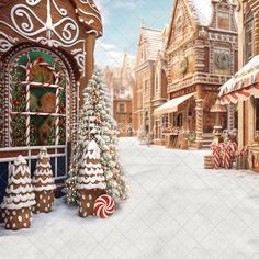 a christmas scene with gingerbread houses and candy canes