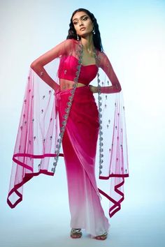 Shop for Anjali Kanwar Fuchsia Silk Satin Embroidered Cape Skirt Set for Women Online at Aza Fashions Dhoti Dresses For Women, Indo Western Dress Party Wear, Space Jellyfish, Jellyfish Princess, Clothing Fancy, Fashion Course, Cape Skirt, Ombre Skirt, Mehendi Outfit