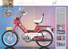 a red and white scooter sitting on top of a magazine page next to a motorcycle