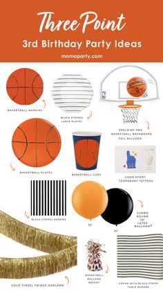 an orange and black birthday party with basketballs