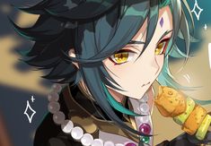 an anime character with long black hair and yellow eyes, holding a cookie in her hand