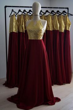 Burgundy Silk Georgette/Chiffon With Top Sequin Gold Bridesmaid Dress, Floor Length Sequin Evening D Red Chiffon Bridesmaid Evening Dress, Sequin Chiffon Evening Dress For Banquet, Chiffon Bridesmaid Dress With Lace Bodice For Party, Chiffon Dress With Sweep Train For Prom, Party Bridesmaid Dress With Lace Bodice And Chiffon, Gold Bridesmaid Gown For Prom Season, Party Floor-length Bridesmaid Dress With Lace Bodice, Party Bridesmaid Dress With Lace Bodice, Floor-length, Gold Chiffon Party Dress