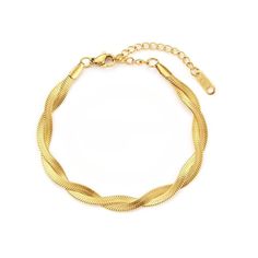 This twisted herringbone bracelet is the perfect accessory to take any outfit to the next level! With its unique intertwined design, it adds a touch of fun and flair to any look. It's the accessory your wardrobe's been waiting for! 18K Gold Plated Stainless Steel 6 in + 2 in Twisted Herringbone Design Gold Herringbone Chain, Gold Snake Chain, Woven Necklace, Twisted Bracelet, نظارات شمسية, Titanium Jewelry, Stainless Steel Chain Necklace, Herringbone Chain, Sparkle Necklace