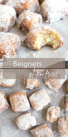 powdered sugar covered doughnuts sitting on top of a baking sheet with the words, beginners after free