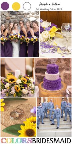 a collage of photos with sunflowers, purple and yellow wedding colors for the bride and groom