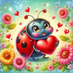 a ladybug holding a heart surrounded by flowers