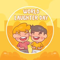 two young men are laughing together with the words world laughter day