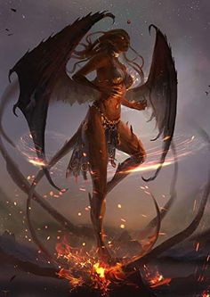 a woman with long hair and wings standing on fire