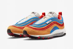 Dropping as part of the ‘Air Max Running Club’ collection, the Nike Air Max 97 SE ‘Pollen Orange’ showcases a retro ‘70s aesthetic, highlighted by an exposed foam tongue and a vibrant palette.  The upper is constructed from orange textile with the 97’s signature curvilinear overlays in blue suede and red hairy suede.  Branding elements include a red mini-Swoosh on the quarter panel and mismatched ‘AMRC’ and ‘BVRTN, OR’ tags on the lateral side of each shoe.  The sneaker sits atop a white polyur Retro 70s Aesthetic, Nike Skateboarding, Running Club, Orange Shoes, New Nike Air, Newest Jordans, Nike Air Max 97, Man Running, Outfits Summer