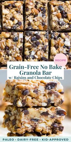 no bake granola bars stacked on top of each other with text overlay