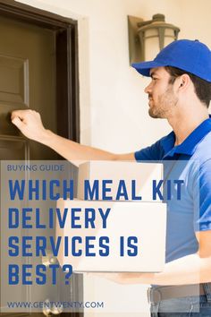 a man holding a box with the words which meal kit delivery services is best?