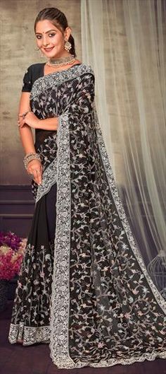 Black and Grey color Saree in Georgette fabric with Embroidered, Resham, Thread work Black Semi-stitched Embroidered Fabric, Black Semi-stitched Embroidered Fabric With Pallu, Black Embroidered Saree Fabric, Elegant Black Embroidered Saree Fabric, Black Bollywood Embroidered Saree Fabric, Traditional Black Wear With Zari Work For Reception, Black Bollywood Embroidered Saree, Black Embroidered Saree For Festive Occasions, Black Bollywood Saree With Embroidered Fabric