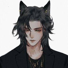 an anime character with black hair wearing a cat's head and gold necklaces