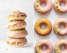 donuts with pink icing and sprinkles on them are shown next to each other