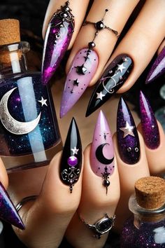 Embrace your inner witch with these spellbinding nail designs! From celestial moons to mystical symbols, these witchy nails will cast a charm on your fingertips. #witchynails #nailart #mysticnails Nails Acrylic Witchy, Cat Moon Nails, Moon Acrylic Nail Designs, Dark Whimsical Nails, Tarot Nails Art, Fall Witch Nails, Nail Design Inspo 2024, Halloween Witch Nails Acrylic, Nail Ideas Witchy