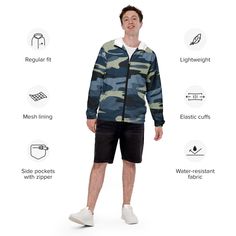 This lightweight windbreaker ensures maximum comfort on windy, rainy, and sunny days, thanks to the water-resistant fabric and breathable mesh lining. The windbreaker has an effortless look that will fit different styles and can be easily layered with long and short sleeve shirts. • 100% polyester • Fabric weight: 2.21 oz/yd² (75 g/m²) • Lightweight, water-resistant fabric • Breathable mesh lining, reduces static • Regular fit • Elastic cuffs • Hood and side pockets • Zippable front • Blank prod Lightweight Hooded Casual Windbreaker, Casual Lightweight Waterproof Windbreaker, Lightweight Casual Hooded Windbreaker, Weatherproof Nylon Track Jacket With Long Sleeves, Weatherproof Long Sleeve Nylon Track Jacket, Lightweight Long Sleeve Windbreaker For Outdoor, Lightweight Windproof Casual Outerwear, Casual Lightweight Outerwear For Sports, Sports Long Sleeve Nylon Raincoat