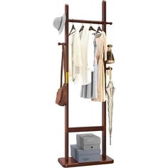 a wooden coat rack with umbrellas and hats on it