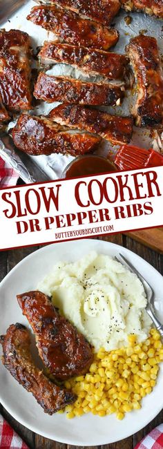 slow cooker bbq pepper ribs with mashed potatoes and corn on the side