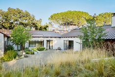 the house is surrounded by tall grass and trees, with an open patio area on one side