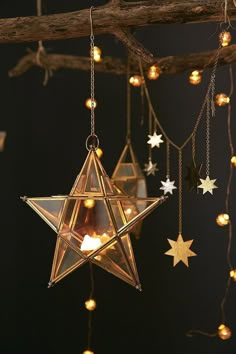 a star hanging from a branch with lights around it