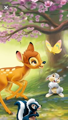 an animated animal scene with some animals in the foreground and a butterfly on the background