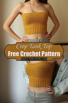 a woman wearing a crop top and skirt with the words crop tank top free crochet pattern