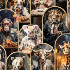 a collage of pictures with animals, people and other things in them on display