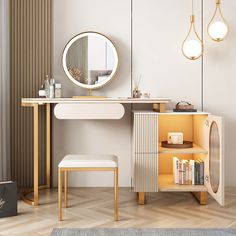 a dressing table with a mirror, stool and bookshelf in a white room