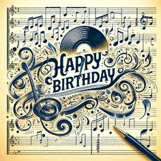 a happy birthday card with music notes and an old record on the table royalty illustration