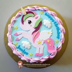 a birthday cake decorated with an image of a unicorn